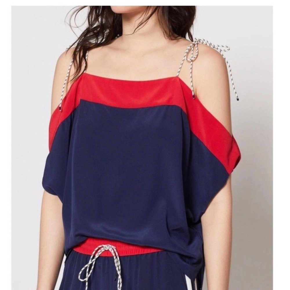 JOIE Silk Colorblock Cold Shoulder Top Blouse‎ Navy Blue Red XS